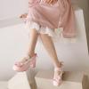imageSHEMEE Womens Kawaii Sweet Bow Cosplay Dress Shoes Chunky Platform Mid Block Heels Buckle Ankle Strap Mary Jane PumpsPatent Pink