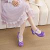 imageSHEMEE Womens Kawaii Sweet Bow Cosplay Dress Shoes Chunky Platform Mid Block Heels Buckle Ankle Strap Mary Jane PumpsPatent Purple