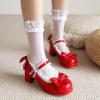imageSHEMEE Womens Kawaii Sweet Bow Cosplay Dress Shoes Chunky Platform Mid Block Heels Buckle Ankle Strap Mary Jane PumpsPatent Red