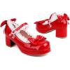 imageSHEMEE Womens Kawaii Sweet Bow Cosplay Dress Shoes Chunky Platform Mid Block Heels Buckle Ankle Strap Mary Jane PumpsPatent Red