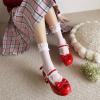 imageSHEMEE Womens Kawaii Sweet Bow Cosplay Dress Shoes Chunky Platform Mid Block Heels Buckle Ankle Strap Mary Jane PumpsPatent Red