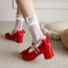 imageSHEMEE Womens Kawaii Sweet Bow Cosplay Dress Shoes Chunky Platform Mid Block Heels Buckle Ankle Strap Mary Jane PumpsPatent Red