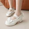 imageSHEMEE Womens Kawaii Sweet Bow Cosplay Dress Shoes Chunky Platform Mid Block Heels Buckle Ankle Strap Mary Jane PumpsPatent White
