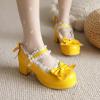 imageSHEMEE Womens Kawaii Sweet Bow Cosplay Dress Shoes Chunky Platform Mid Block Heels Buckle Ankle Strap Mary Jane PumpsPatent Yellow
