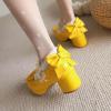 imageSHEMEE Womens Kawaii Sweet Bow Cosplay Dress Shoes Chunky Platform Mid Block Heels Buckle Ankle Strap Mary Jane PumpsPatent Yellow