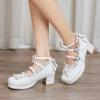 imageSHEMEE Womens Kawaii Sweet Bow Cosplay Dress Shoes Chunky Platform Mid Block Heels Buckle Ankle Strap Mary Jane PumpsWhite