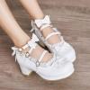 imageSHEMEE Womens Kawaii Sweet Bow Cosplay Dress Shoes Chunky Platform Mid Block Heels Buckle Ankle Strap Mary Jane PumpsWhite