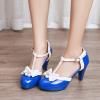 imageSHEMEE Womens Patent Leather TStrap Mary Jane Pumps Chunky High Heel Platform Ankle Strap Buckle Round Toe Cute Bow Kawaii Cosplay ShoesBlue