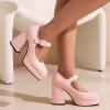 imageSHEMEE Womens Square Toe Chunky Platform Mary Janes Uniform Shoes Ankle Strap Buckle Block High Heel Dress PumpsPink