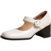 imageSHEMEE Womens Chunky High Heels Mary Janes Leather Pumps Ankle Strap Buckle Block Heeled Dress ShoesWhite
