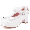imageSHEMEE Womens Kawaii Sweet Bow Cosplay Dress Shoes Chunky Platform Mid Block Heels Buckle Ankle Strap Mary Jane PumpsPatent White