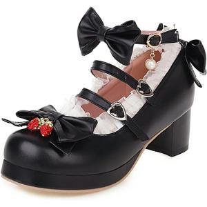 imageSHEMEE Womens Kawaii Sweet Bow Cosplay Dress Shoes Chunky Platform Mid Block Heels Buckle Ankle Strap Mary Jane Pumps1black