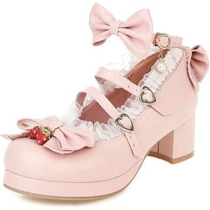 imageSHEMEE Womens Kawaii Sweet Bow Cosplay Dress Shoes Chunky Platform Mid Block Heels Buckle Ankle Strap Mary Jane Pumps1pink