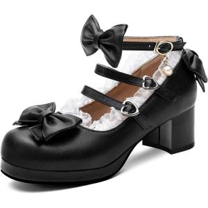 imageSHEMEE Womens Kawaii Sweet Bow Cosplay Dress Shoes Chunky Platform Mid Block Heels Buckle Ankle Strap Mary Jane PumpsBlack