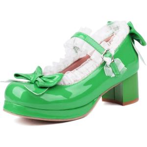 imageSHEMEE Womens Kawaii Sweet Bow Cosplay Dress Shoes Chunky Platform Mid Block Heels Buckle Ankle Strap Mary Jane PumpsPatent Green