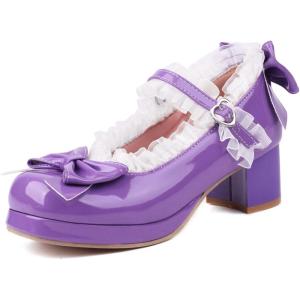 imageSHEMEE Womens Kawaii Sweet Bow Cosplay Dress Shoes Chunky Platform Mid Block Heels Buckle Ankle Strap Mary Jane PumpsPatent Purple
