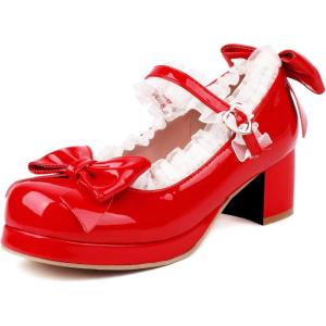 imageSHEMEE Womens Kawaii Sweet Bow Cosplay Dress Shoes Chunky Platform Mid Block Heels Buckle Ankle Strap Mary Jane PumpsPatent Red