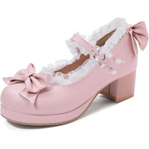 imageSHEMEE Womens Kawaii Sweet Bow Cosplay Dress Shoes Chunky Platform Mid Block Heels Buckle Ankle Strap Mary Jane PumpsPink 02