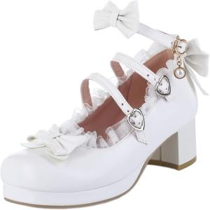 imageSHEMEE Womens Kawaii Sweet Bow Cosplay Dress Shoes Chunky Platform Mid Block Heels Buckle Ankle Strap Mary Jane PumpsWhite