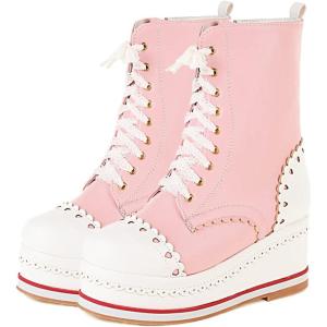 imageSHEMEE Womens Sweet Cute Platform Hidden Wedge Ankle Boots Lace Up High Heels Round Toe Booties Side Zip Kawaii ShoesAll Pink