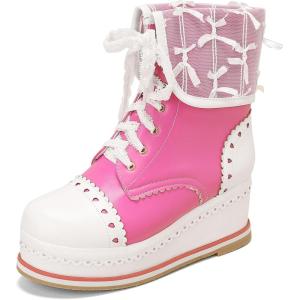 imageSHEMEE Womens Sweet Cute Platform Hidden Wedge Ankle Boots Lace Up High Heels Round Toe Booties Side Zip Kawaii ShoesHot Pink