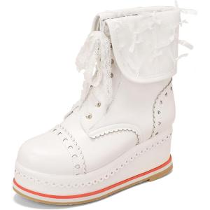 imageSHEMEE Womens Sweet Cute Platform Hidden Wedge Ankle Boots Lace Up High Heels Round Toe Booties Side Zip Kawaii ShoesWhite
