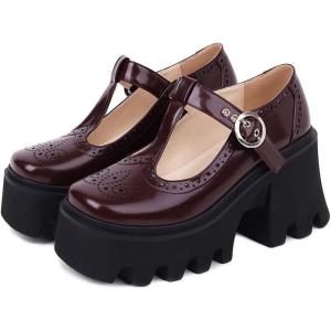 imageSHEMEE Womens TStrap Chunky High Heel Platform Patent Leather Mary Jane Pumps Vintage Wingtip Oxford Brogues Square Toe Ankle Strap Buckle Block Heeled Gothic ShoesBurgundy
