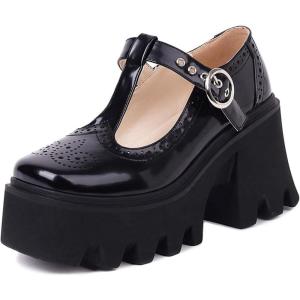 imageSHEMEE Womens TStrap Chunky High Heel Platform Patent Leather Mary Jane Pumps Vintage Wingtip Oxford Brogues Square Toe Ankle Strap Buckle Block Heeled Gothic ShoesBlack