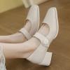 imageSHEMEE Womens Genuine Leather Chunky Mary Jane Pumps Square Toe Ankle Strap Mid Block Heel Dress ShoesWhite