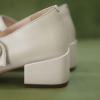 imageSHEMEE Womens Genuine Leather Chunky Mary Jane Pumps Square Toe Ankle Strap Mid Block Heel Dress ShoesWhite