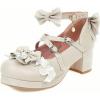 imageSHEMEE Womens Platform Chunky High Heel Mary Janes Pumps Sweet Bow Block Heels Buckle Ankle Strap Round Toe Cosplay ShoesBeige