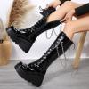 imageSHEMEE Womens Platform Wedge Heels Knee High Boots Goth Biker Motorcycle Boots Lace Up Combat Boots Chunky Zipper Punk Tall BootsPatent Black With Chain