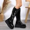 imageSHEMEE Womens Platform Wedge Heels Knee High Boots Goth Biker Motorcycle Boots Lace Up Combat Boots Chunky Zipper Punk Tall BootsPatent Black With Chain