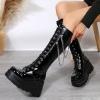 imageSHEMEE Womens Platform Wedge Heels Knee High Boots Goth Biker Motorcycle Boots Lace Up Combat Boots Chunky Zipper Punk Tall BootsPatent Black With Chain