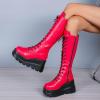 imageSHEMEE Womens Platform Wedge Heels Knee High Boots Goth Biker Motorcycle Boots Lace Up Combat Boots Chunky Zipper Punk Tall BootsRed
