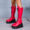 imageSHEMEE Womens Platform Wedge Heels Knee High Boots Goth Biker Motorcycle Boots Lace Up Combat Boots Chunky Zipper Punk Tall BootsRed