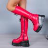 imageSHEMEE Womens Platform Wedge Heels Knee High Boots Goth Biker Motorcycle Boots Lace Up Combat Boots Chunky Zipper Punk Tall BootsRed