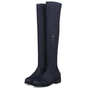 imageSHEMEE Womens Denim Low Heels Over The Knee Boots Flat Thigh High Boots Round Toe Side Zipper Long BootsBlack 1