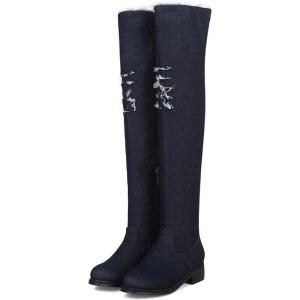 imageSHEMEE Womens Denim Low Heels Over The Knee Boots Flat Thigh High Boots Round Toe Side Zipper Long BootsBlack