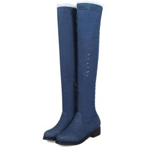 imageSHEMEE Womens Denim Low Heels Over The Knee Boots Flat Thigh High Boots Round Toe Side Zipper Long BootsDark Blue 1