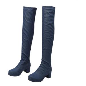 imageSHEMEE Womens Denim Low Heels Over The Knee Boots Flat Thigh High Boots Round Toe Side Zipper Long BootsDark Blue 2