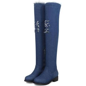 imageSHEMEE Womens Denim Low Heels Over The Knee Boots Flat Thigh High Boots Round Toe Side Zipper Long BootsDark Blue