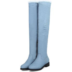 imageSHEMEE Womens Denim Low Heels Over The Knee Boots Flat Thigh High Boots Round Toe Side Zipper Long BootsLight Blue 1
