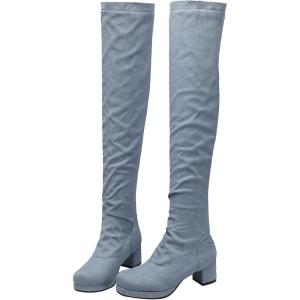 imageSHEMEE Womens Denim Low Heels Over The Knee Boots Flat Thigh High Boots Round Toe Side Zipper Long BootsLight Blue 2