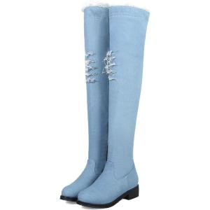 imageSHEMEE Womens Denim Low Heels Over The Knee Boots Flat Thigh High Boots Round Toe Side Zipper Long BootsLight Blue