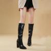 imageSHEMEE Womens Colorful Snakeskin Knee High Boot Chunky Block High Heels Snake Print Round Toe Zipper Slouch ShoesBlack Pu