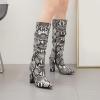 imageSHEMEE Womens Colorful Snakeskin Knee High Boot Chunky Block High Heels Snake Print Round Toe Zipper Slouch ShoesBlack Snake Print