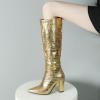 imageSHEMEE Womens Colorful Snakeskin Knee High Boot Chunky Block High Heels Snake Print Round Toe Zipper Slouch ShoesGold