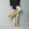 imageSHEMEE Womens Colorful Snakeskin Knee High Boot Chunky Block High Heels Snake Print Round Toe Zipper Slouch ShoesGold