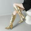 imageSHEMEE Womens Colorful Snakeskin Knee High Boot Chunky Block High Heels Snake Print Round Toe Zipper Slouch ShoesGold